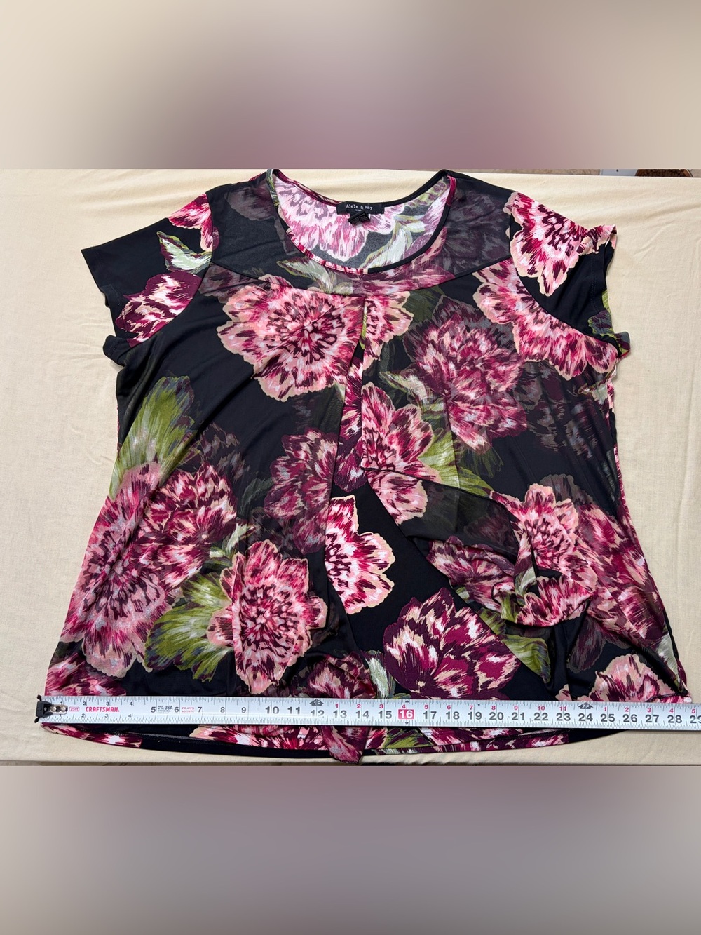 Adele & May Women’s 3X Black Floral Scoop Neck Knit Stretch Top, Cap Sleeve